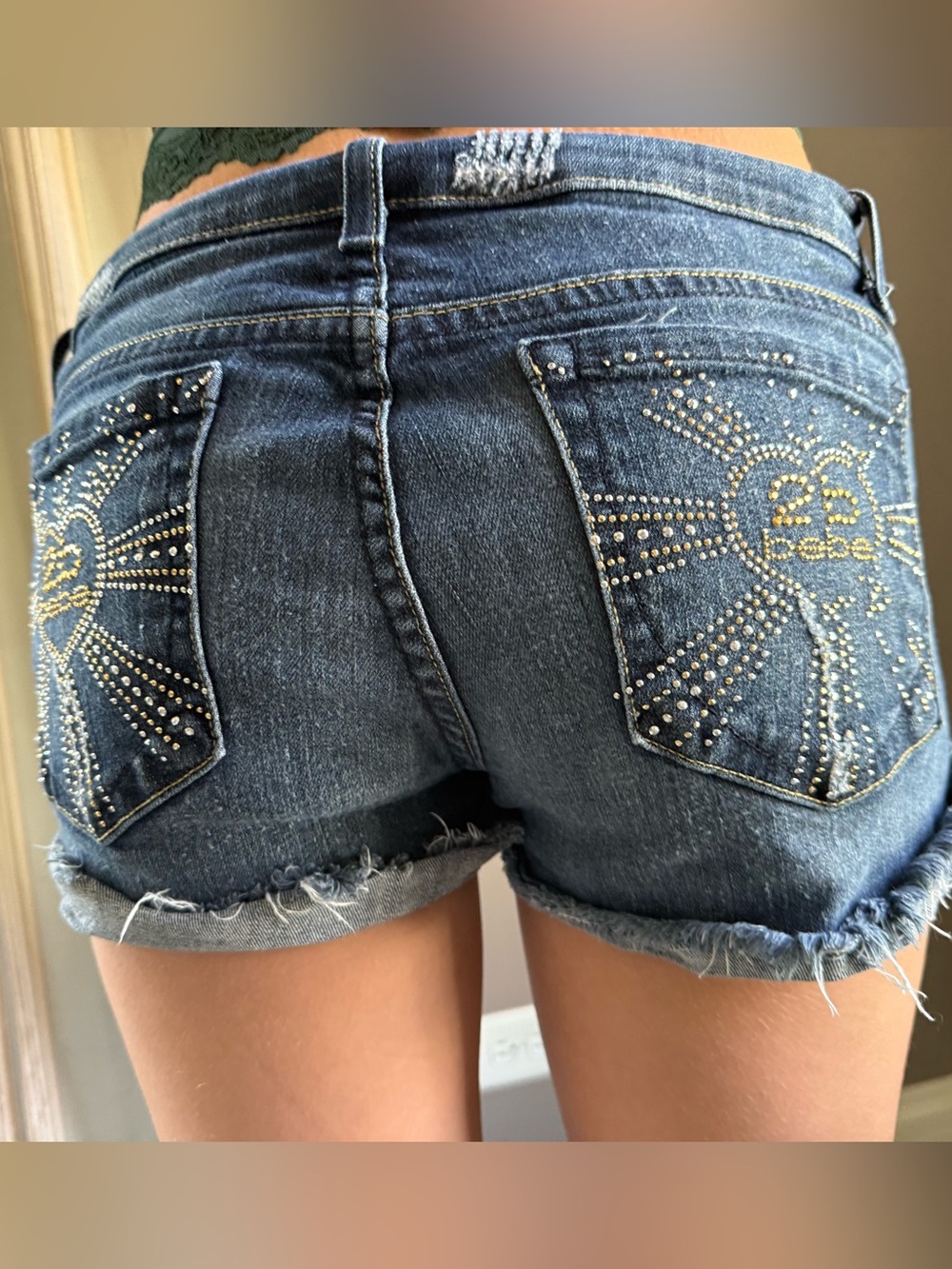bebe Dark Blue Stud-Embellished Denim Shorts